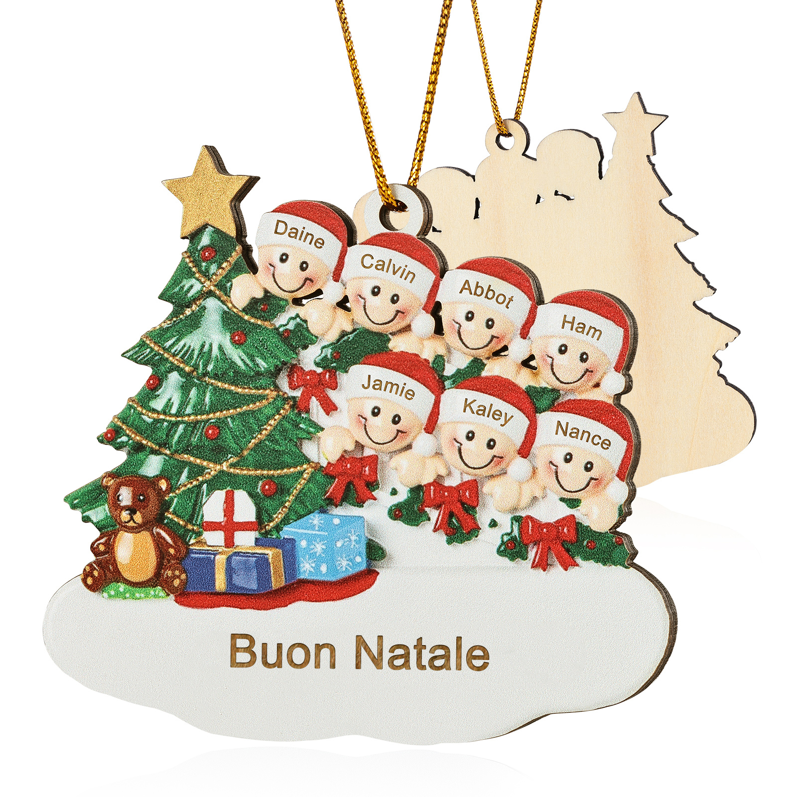 Decorazione Natalizia in Legno Personalizzata - Albero di Natale & Personaggi - Personalizzabile con 7 Nomi e 1 Testo - Regalo di Natale per Famiglia | Jessemade