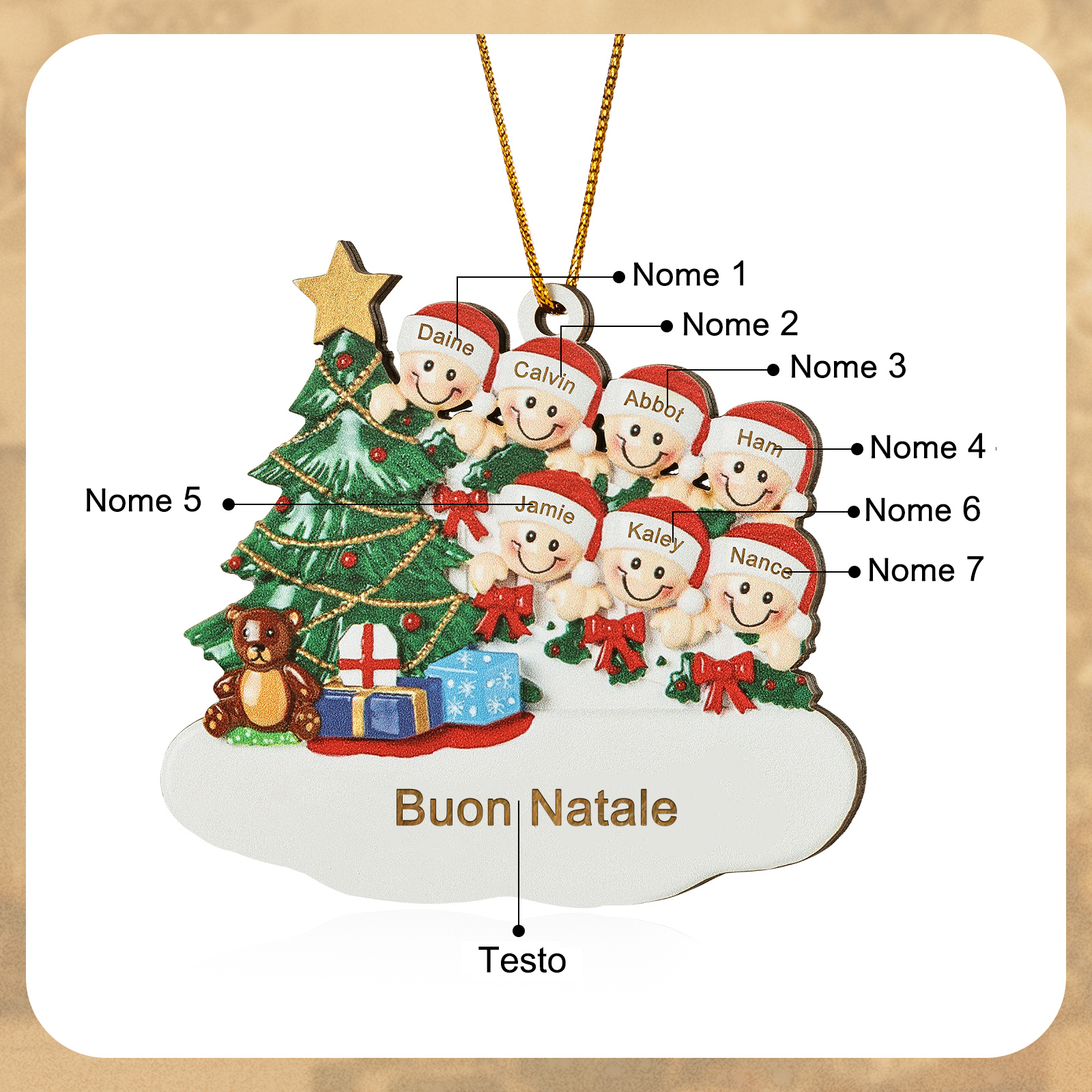 Decorazione Natalizia in Legno Personalizzata - Albero di Natale & Personaggi - Personalizzabile con 7 Nomi e 1 Testo - Regalo di Natale per Famiglia | Jessemade