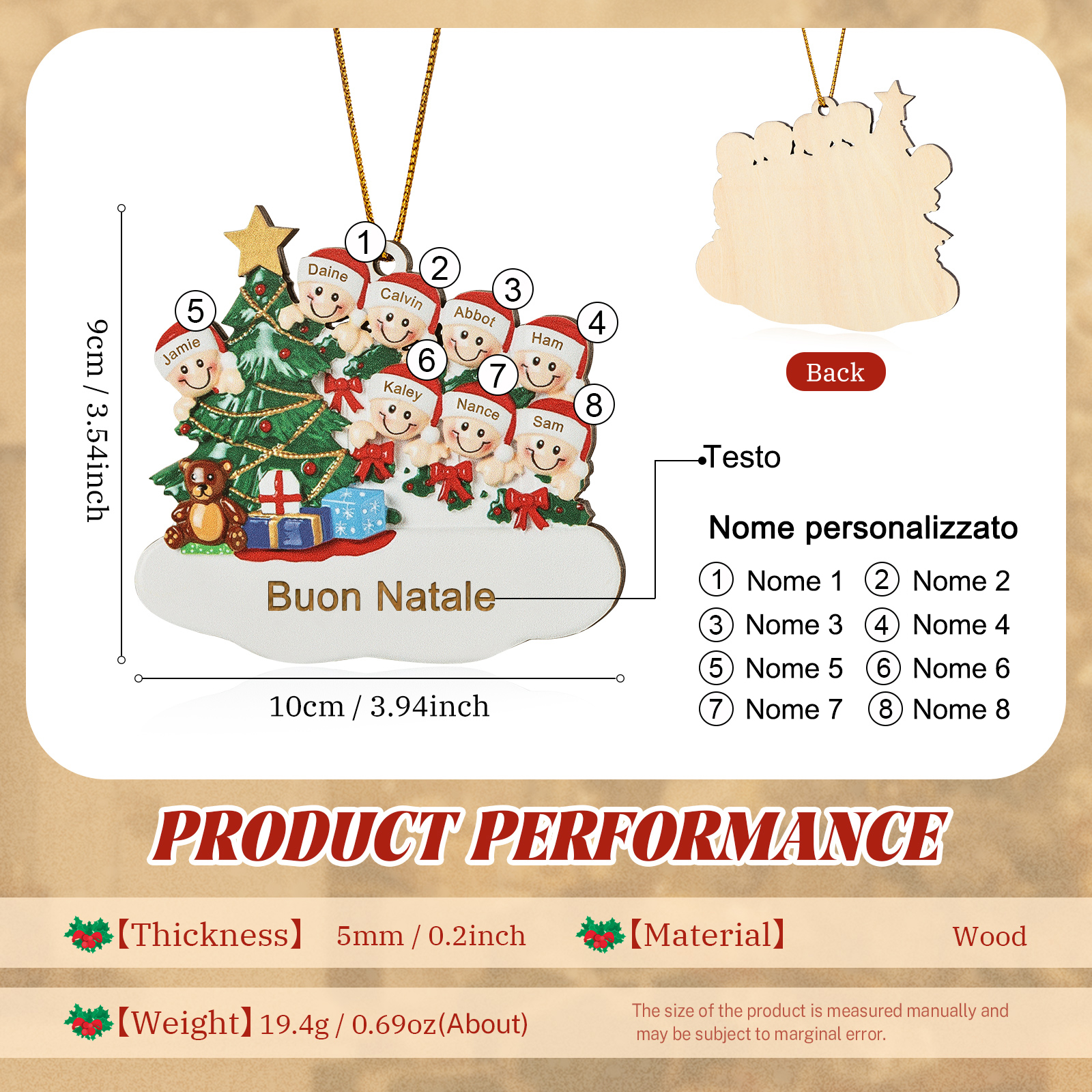 Decorazione Natalizia in Legno Personalizzata - Albero di Natale & Personaggi - Personalizzabile con 8 Nomi e 1 Testo - Regalo di Natale per Famiglia | Jessemade