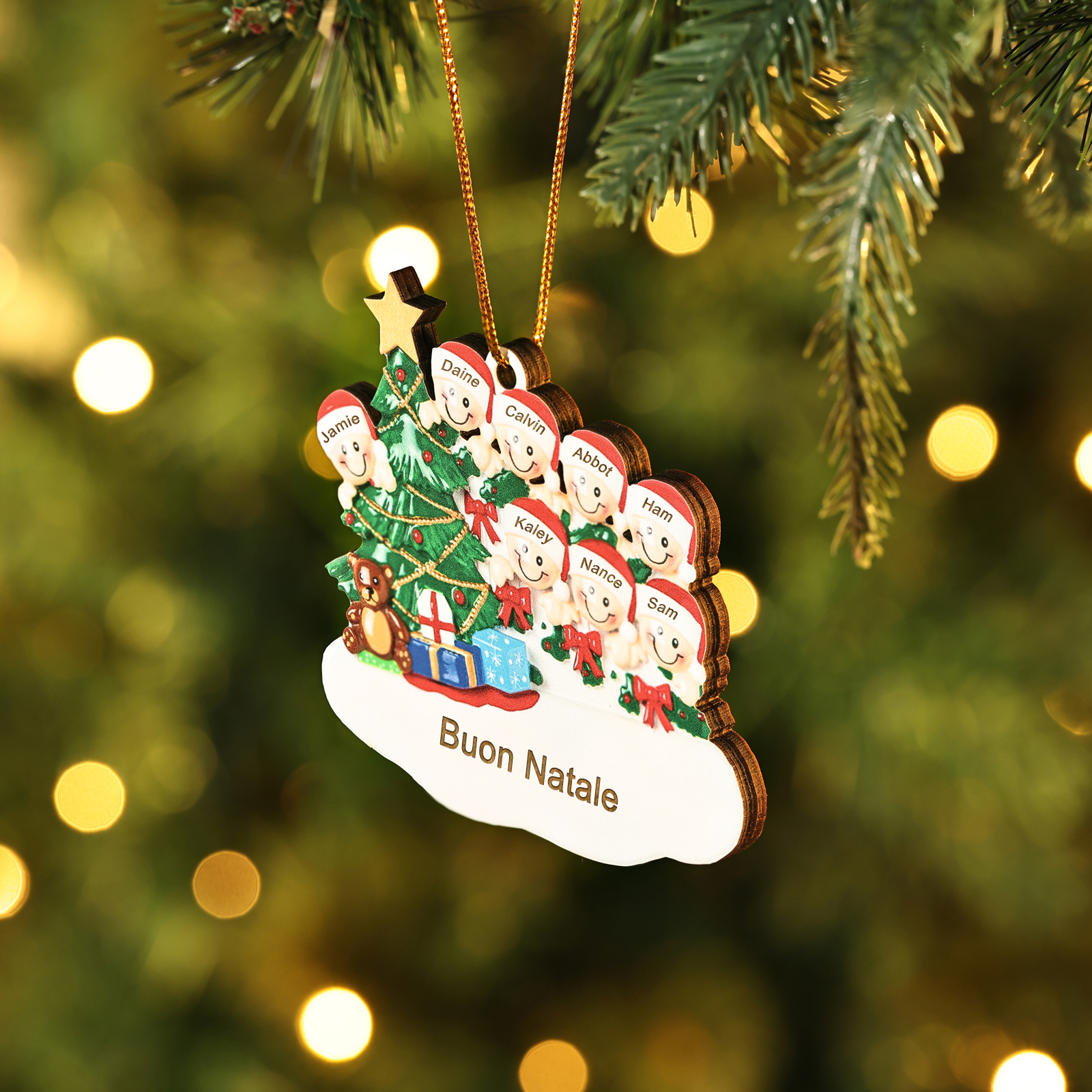 Decorazione Natalizia in Legno Personalizzata - Albero di Natale & Personaggi - Personalizzabile con 8 Nomi e 1 Testo - Regalo di Natale per Famiglia | Jessemade