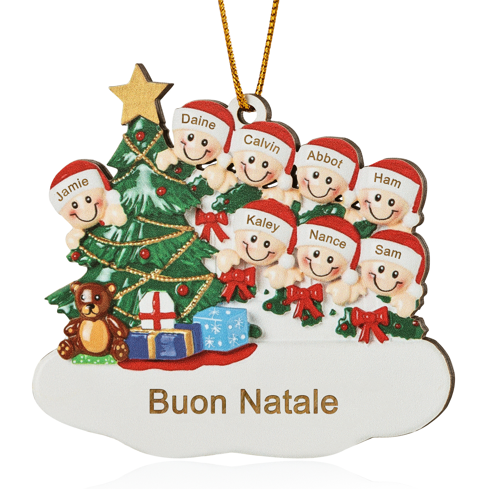 Decorazione Natalizia in Legno Personalizzata - Albero di Natale & Personaggi - Personalizzabile con 8 Nomi e 1 Testo - Regalo di Natale per Famiglia | Jessemade