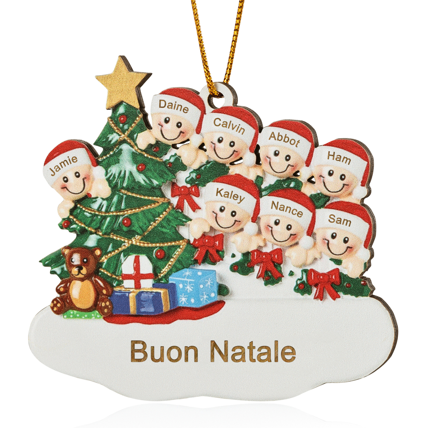 Decorazione Natalizia in Legno Personalizzata - Albero di Natale & Personaggi - Personalizzabile con 8 Nomi e 1 Testo - Regalo di Natale per Famiglia | Jessemade