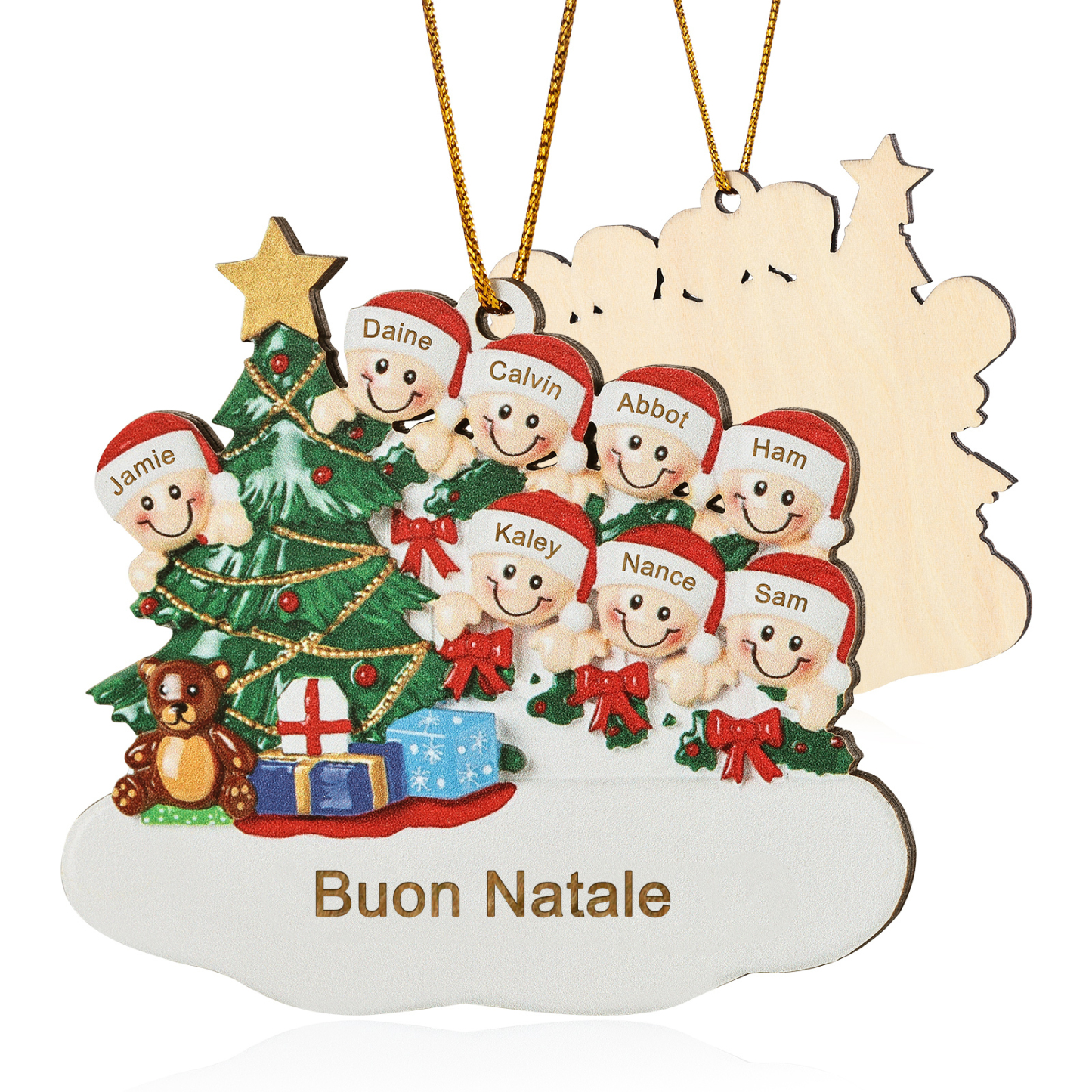 Decorazione Natalizia in Legno Personalizzata - Albero di Natale & Personaggi - Personalizzabile con 8 Nomi e 1 Testo - Regalo di Natale per Famiglia | Jessemade