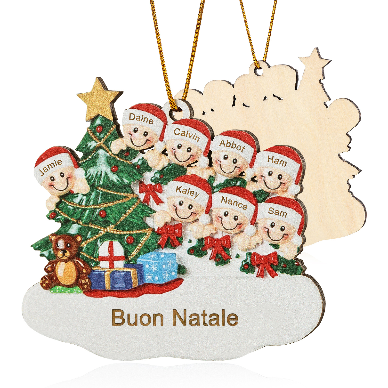 Decorazione Natalizia in Legno Personalizzata - Albero di Natale & Personaggi - Personalizzabile con 8 Nomi e 1 Testo - Regalo di Natale per Famiglia | Jessemade