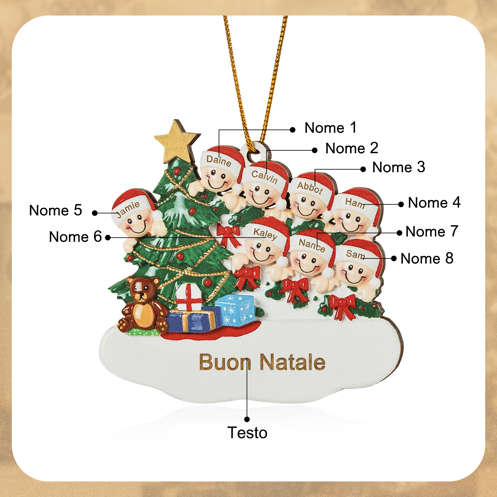 Decorazione Natalizia in Legno Personalizzata - Albero di Natale & Personaggi - Personalizzabile con 8 Nomi e 1 Testo - Regalo di Natale per Famiglia | Jessemade