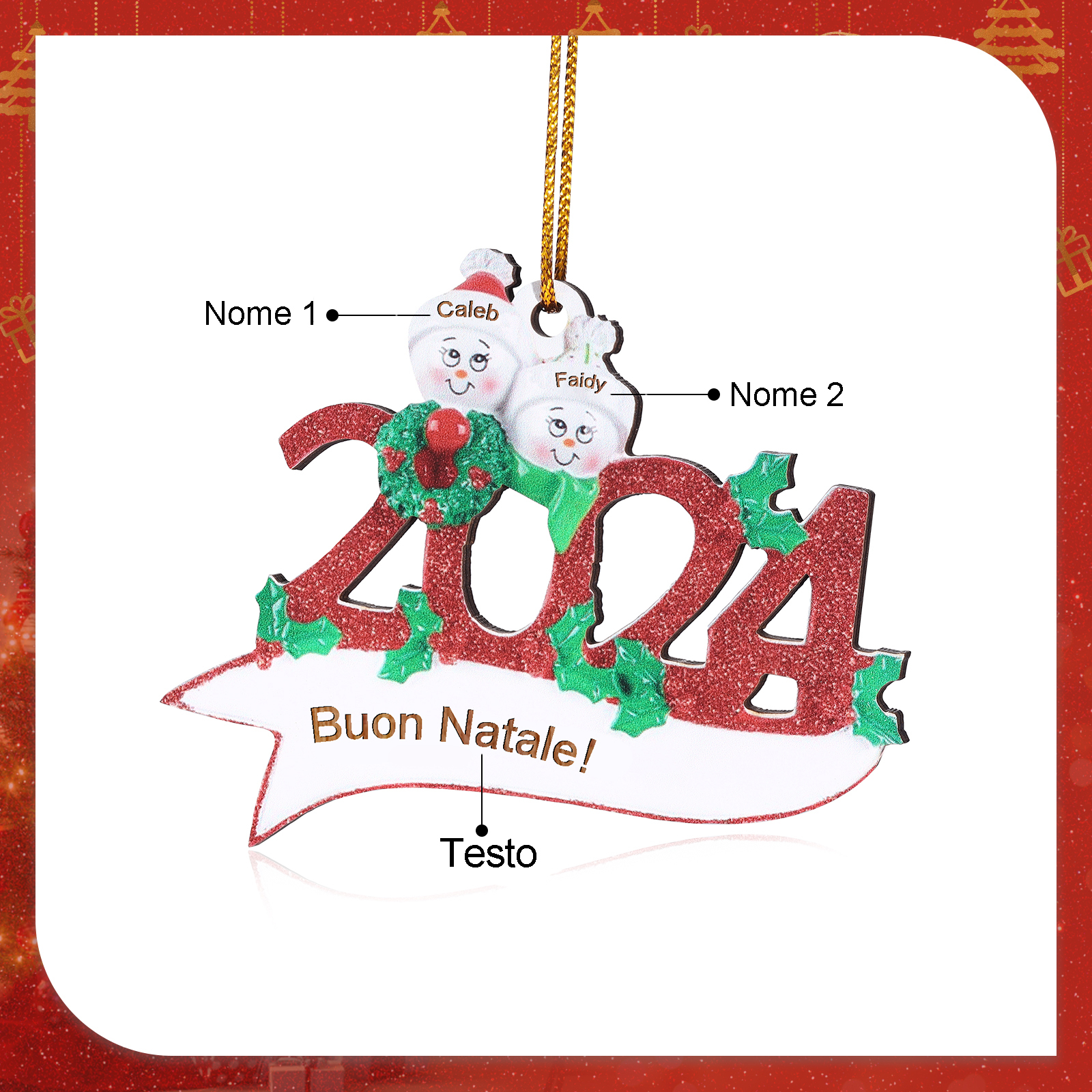 Decorazione Natalizia in Legno Personalizzata - 2 Nomi e 1 Testo - Design Pupazzo di Neve | Jessemade
