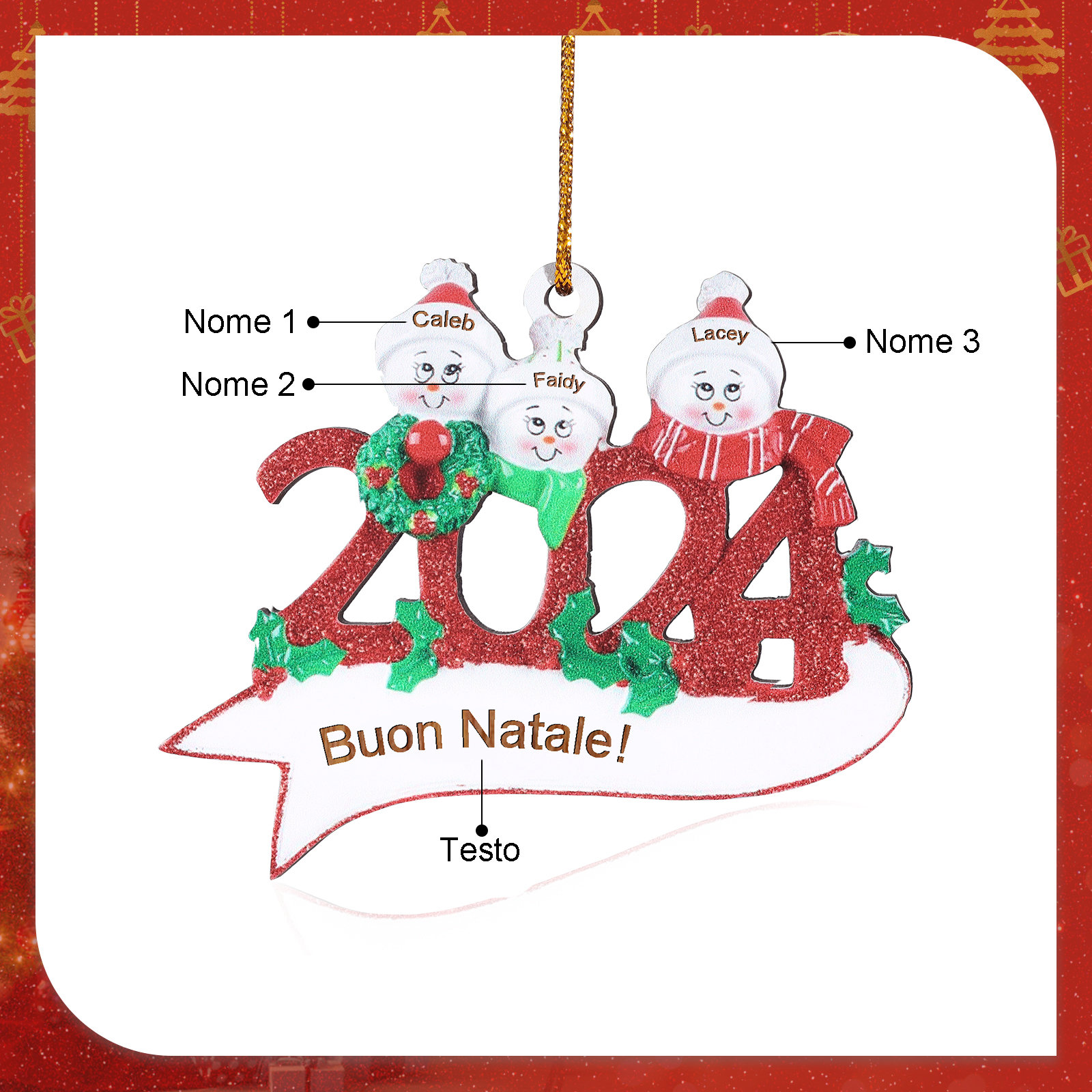 Decorazione Natalizia in Legno Personalizzata - 3 Nomi e 1 Testo - Design Pupazzo di Neve | Jessemade