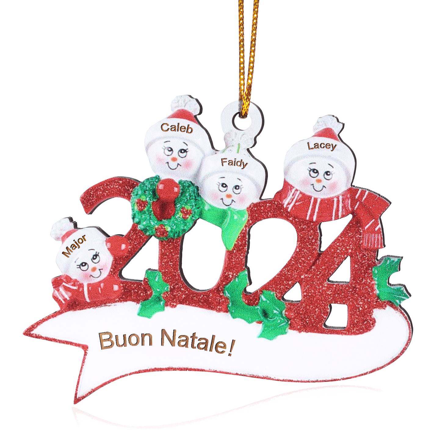 Decorazione Natalizia in Legno Personalizzata - 4 Nomi e 1 Testo - Design Pupazzo di Neve | Jessemade