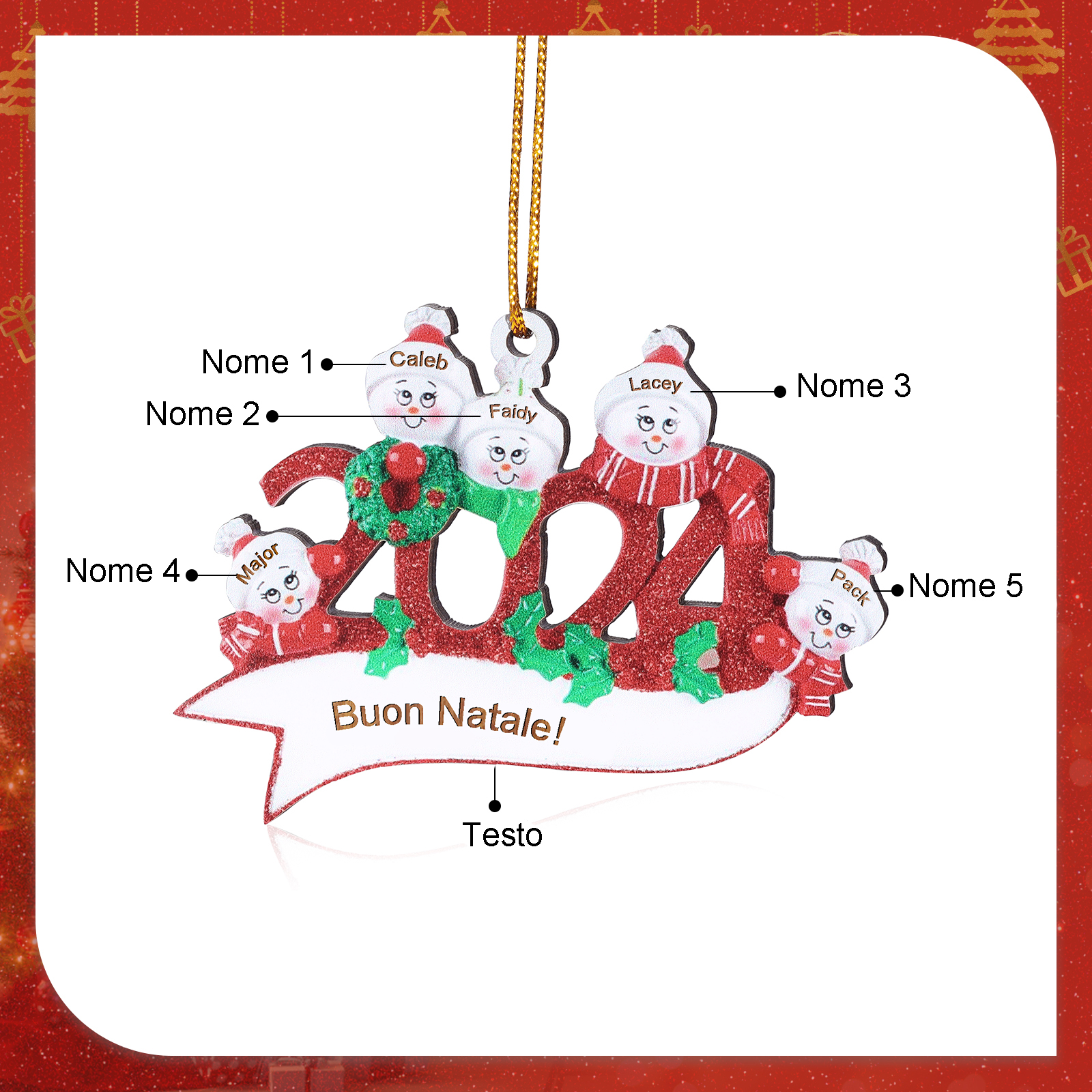 Decorazione Natalizia in Legno Personalizzata - 5 Nomi e 1 Testo - Design Pupazzo di Neve | Jessemade