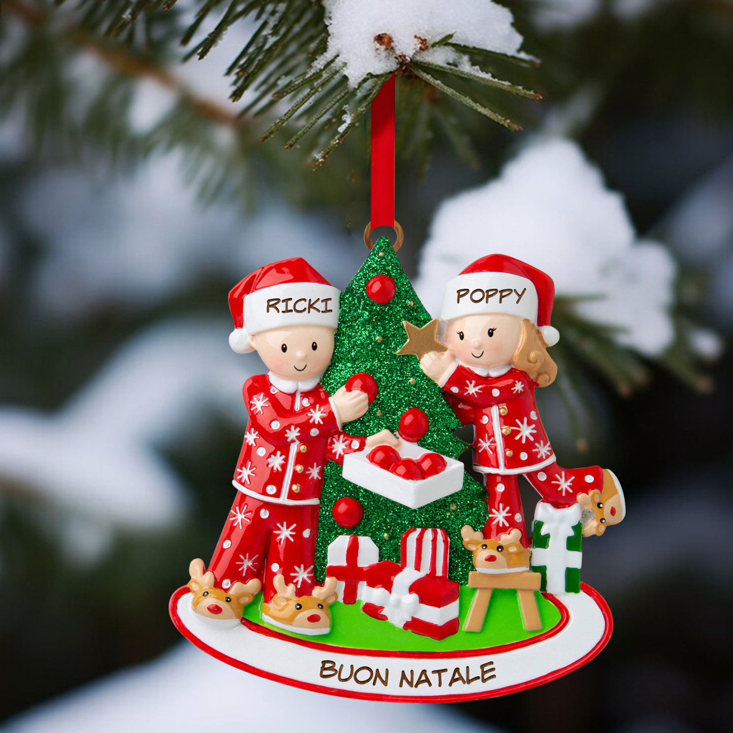 Decorazione Natalizia in Legno Personalizzata con Testo e 2 Nomi - Reg