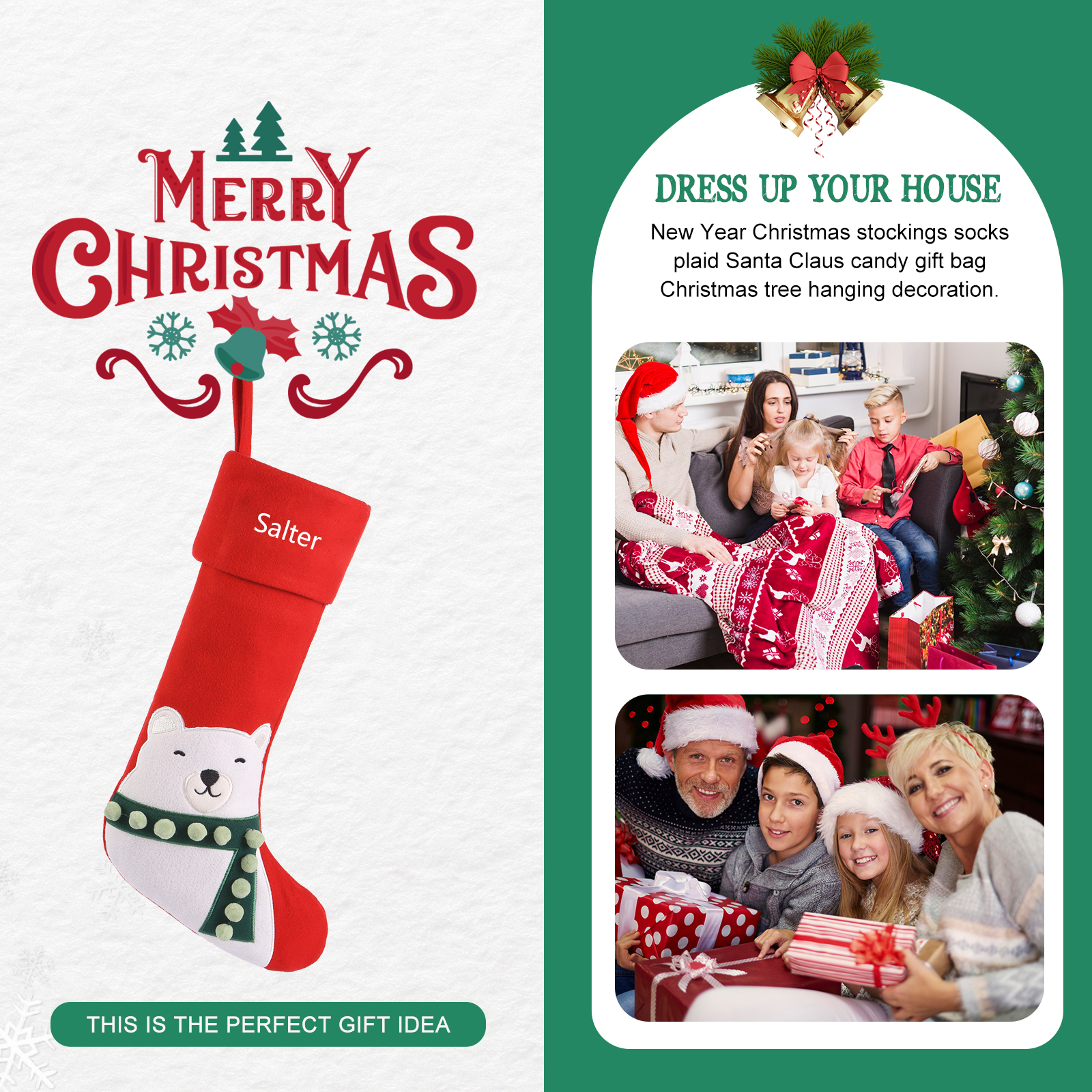 Calza di Natale in Tessuto Personalizzata - Nome Personalizzabile, Stili Rosso e Verde Regalo di Natale per Famiglia | Jessemade