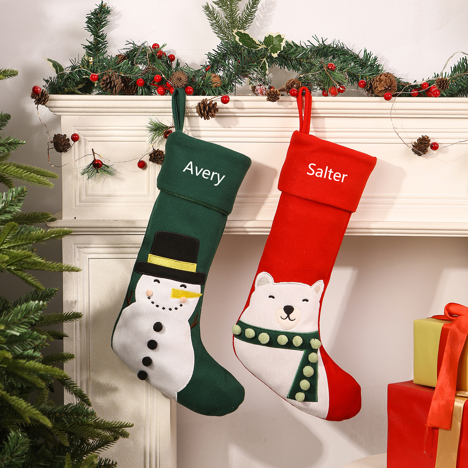 Calza di Natale in Tessuto Personalizzata - Nome Personalizzabile, Stili Rosso e Verde Regalo di Natale per Famiglia | Jessemade