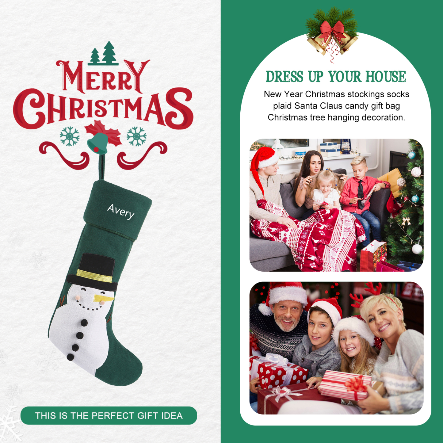 Calza di Natale in Tessuto Personalizzata - Nome Personalizzabile, Stili Rosso e Verde Regalo di Natale per Famiglia | Jessemade