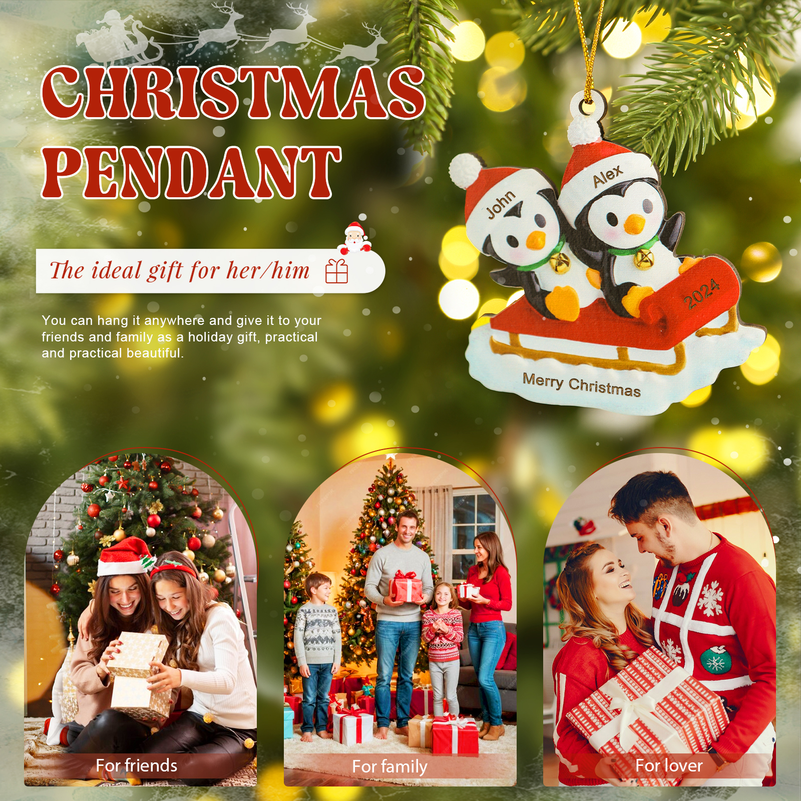 Ornamento Natalizio Personalizzato in Legno a Forma di Pinguino - 2 Nomi, Data e Testo, Regalo di Natale per Famiglia | Jessemade