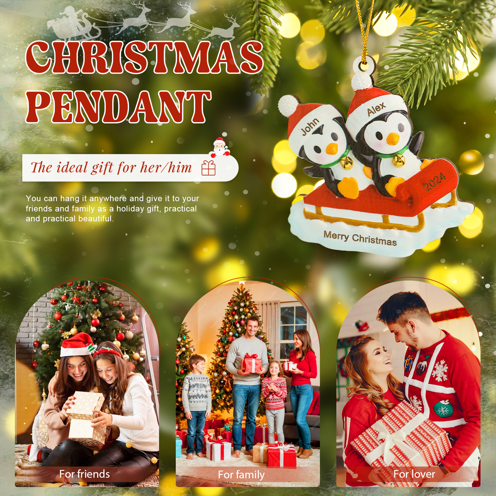 Ornamento Natalizio Personalizzato in Legno a Forma di Pinguino - 2 Nomi, Data e Testo, Regalo di Natale per Famiglia | Jessemade