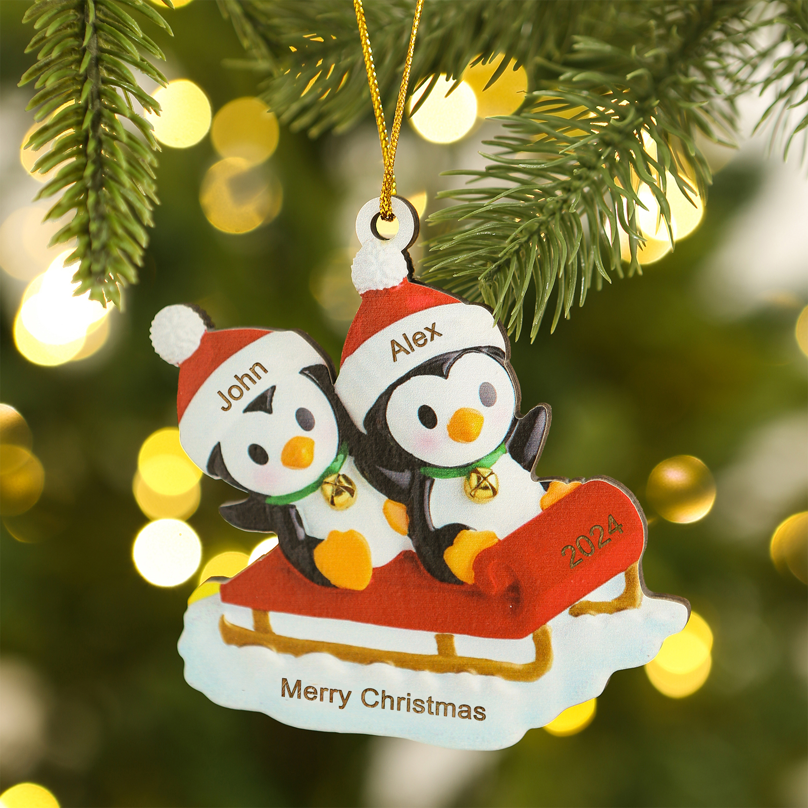 Ornamento Natalizio Personalizzato in Legno a Forma di Pinguino - 2 Nomi, Data e Testo, Regalo di Natale per Famiglia | Jessemade