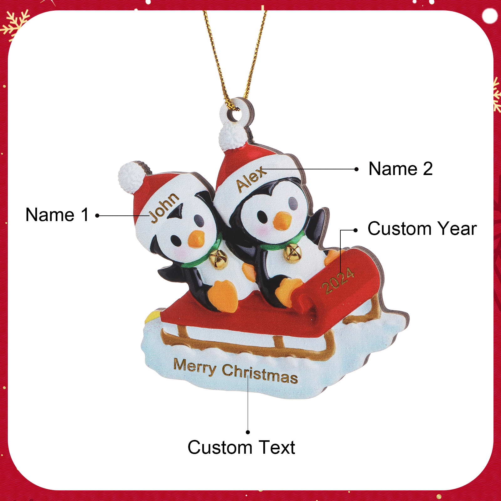 Ornamento Natalizio Personalizzato in Legno a Forma di Pinguino - 2 Nomi, Data e Testo, Regalo di Natale per Famiglia | Jessemade