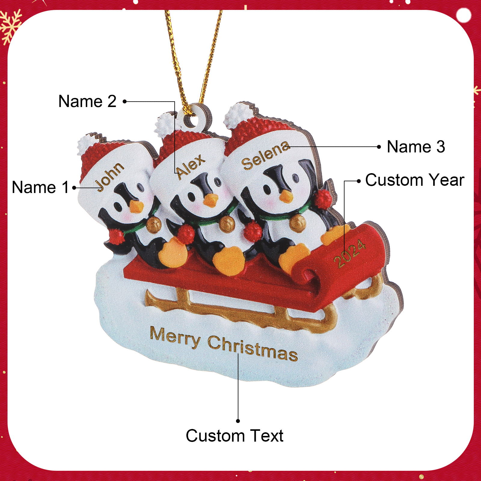 Ornamento Natalizio Personalizzato in Legno a Forma di Pinguino - 3 Nomi, Data e Testo, Regalo di Natale per Famiglia | Jessemade