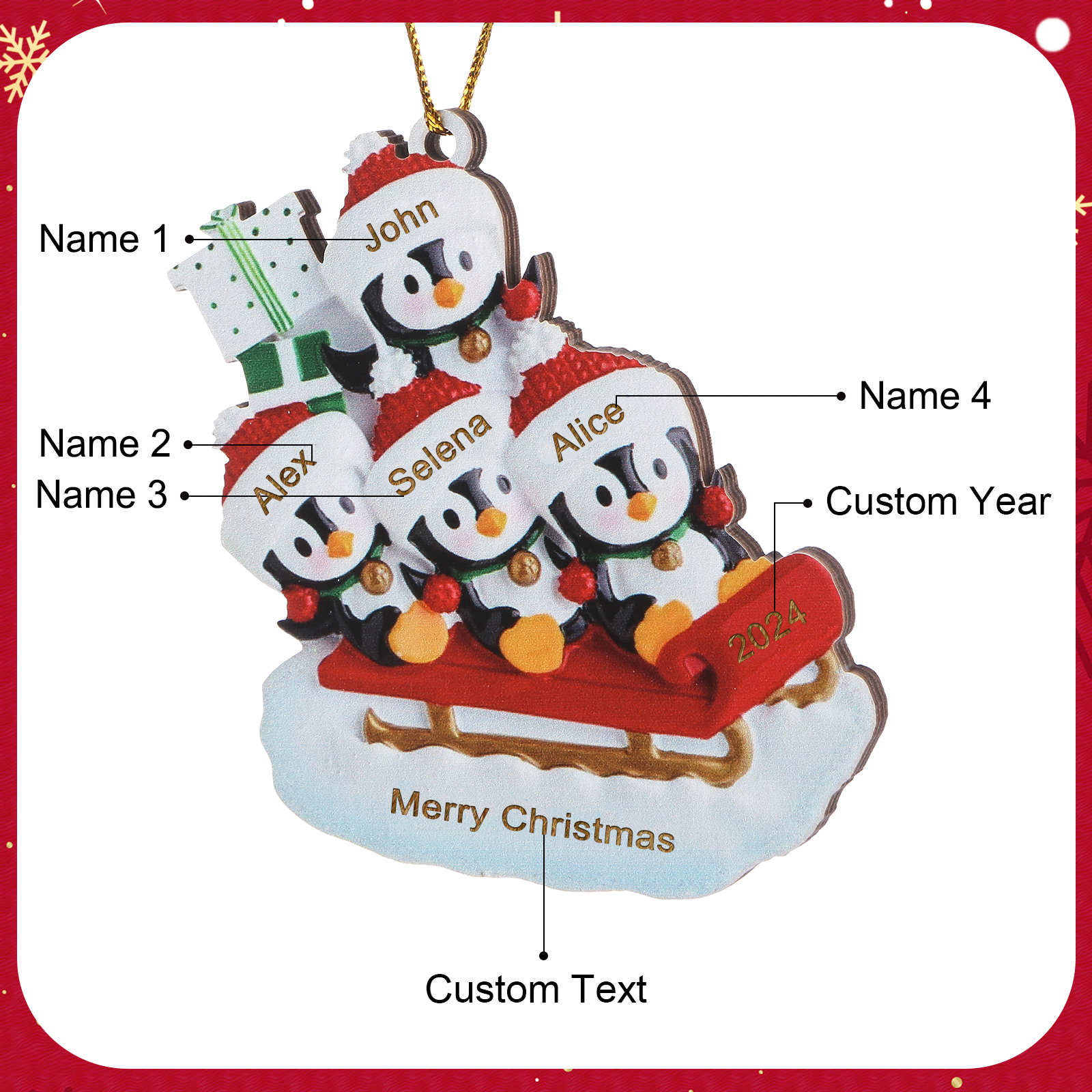 Ornamento Natalizio Personalizzato in Legno a Forma di Pinguino - 4 Nomi, Data e Testo, Regalo di Natale per Famiglia | Jessemade