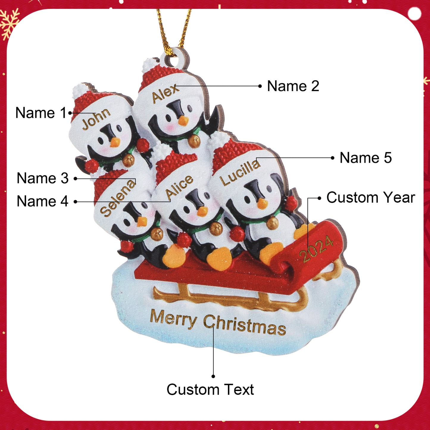 Ornamento Natalizio Personalizzato in Legno a Forma di Pinguino - 5 Nomi, Data e Testo, Regalo di Natale per Famiglia | Jessemade