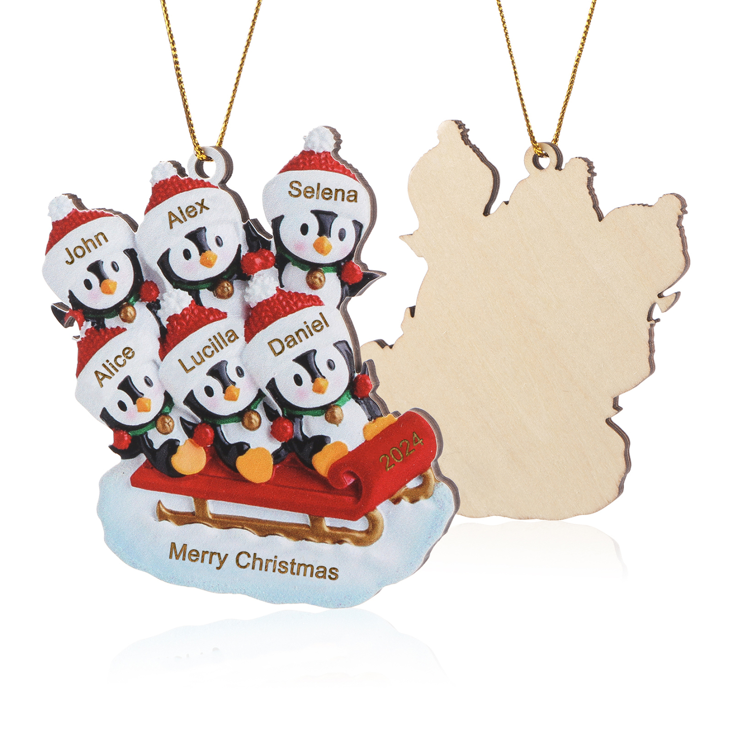 Ornamento Natalizio Personalizzato in Legno a Forma di Pinguino - 6 Nomi, Data e Testo, Regalo di Natale per Famiglia | Jessemade