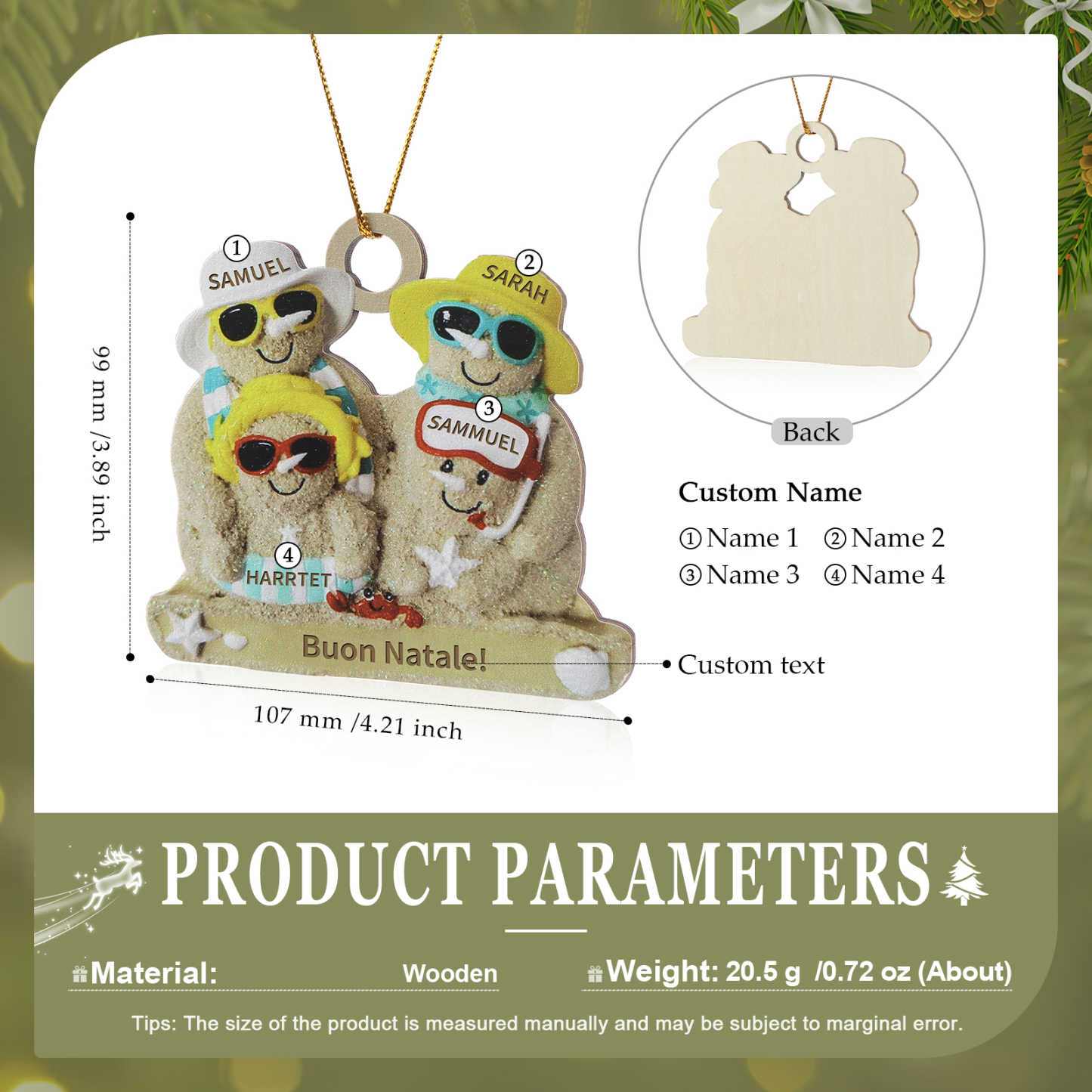 Ornamento natalizio personalizzato in legno per famiglie a tema spiaggia con 2-6 nomi personalizzati e 1 testo, regalo di Natale per la famiglia | Jessemade