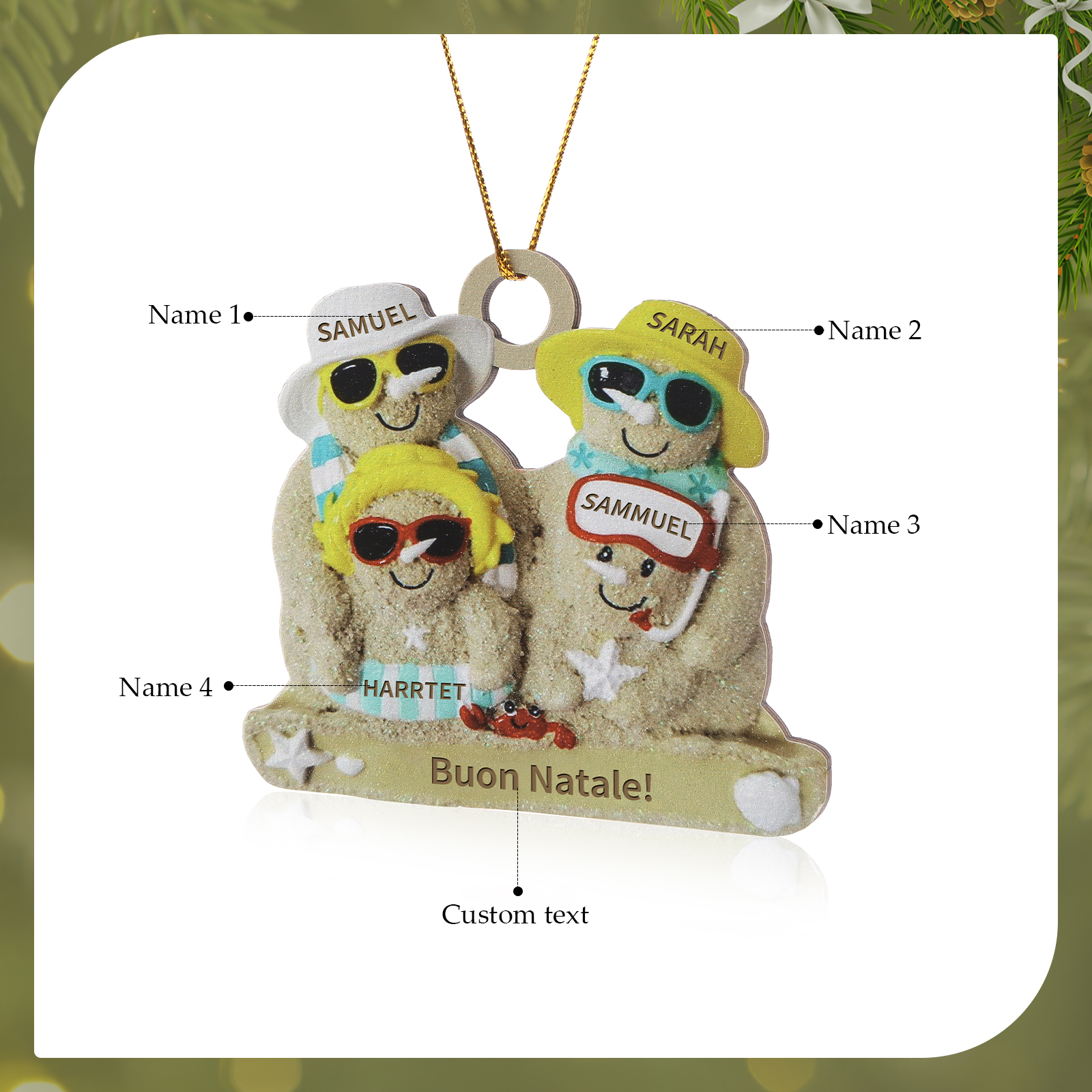Ornamento natalizio personalizzato in legno per famiglie a tema spiaggia con 2-6 nomi personalizzati e 1 testo, regalo di Natale per la famiglia | Jessemade