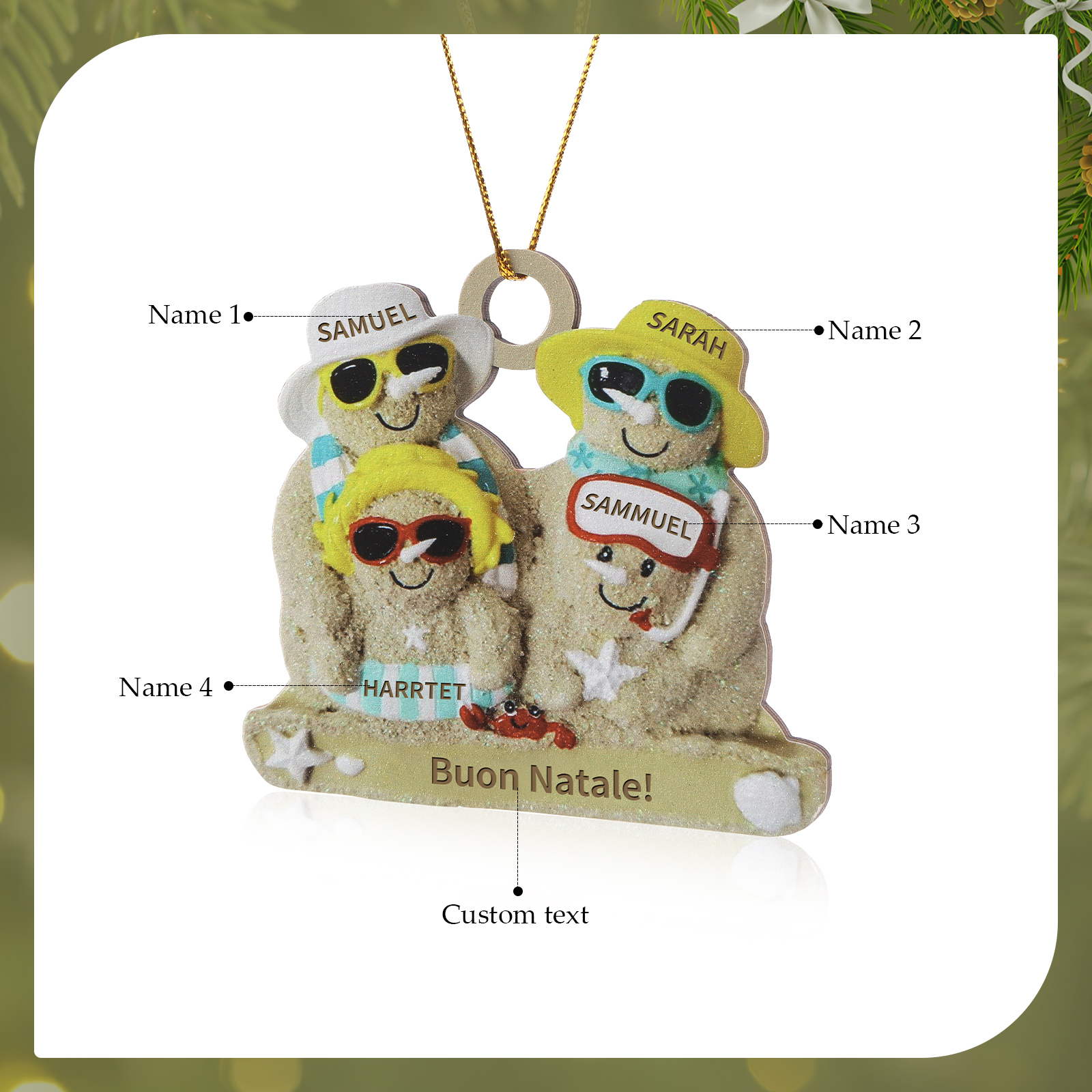 Ornamento natalizio personalizzato in legno per famiglie a tema spiaggia con 2-6 nomi personalizzati e 1 testo, regalo di Natale per la famiglia | Jessemade