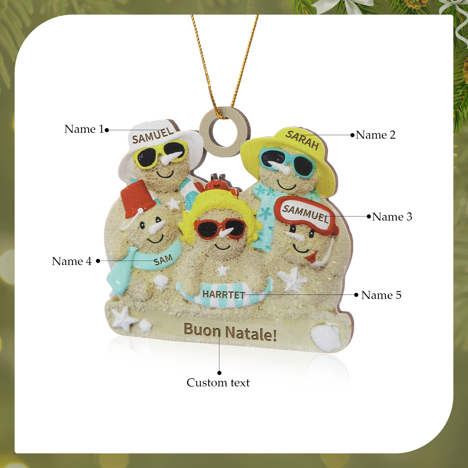 Ornamento natalizio personalizzato in legno per famiglie a tema spiaggia con 2-6 nomi personalizzati e 1 testo, regalo di Natale per la famiglia | Jessemade