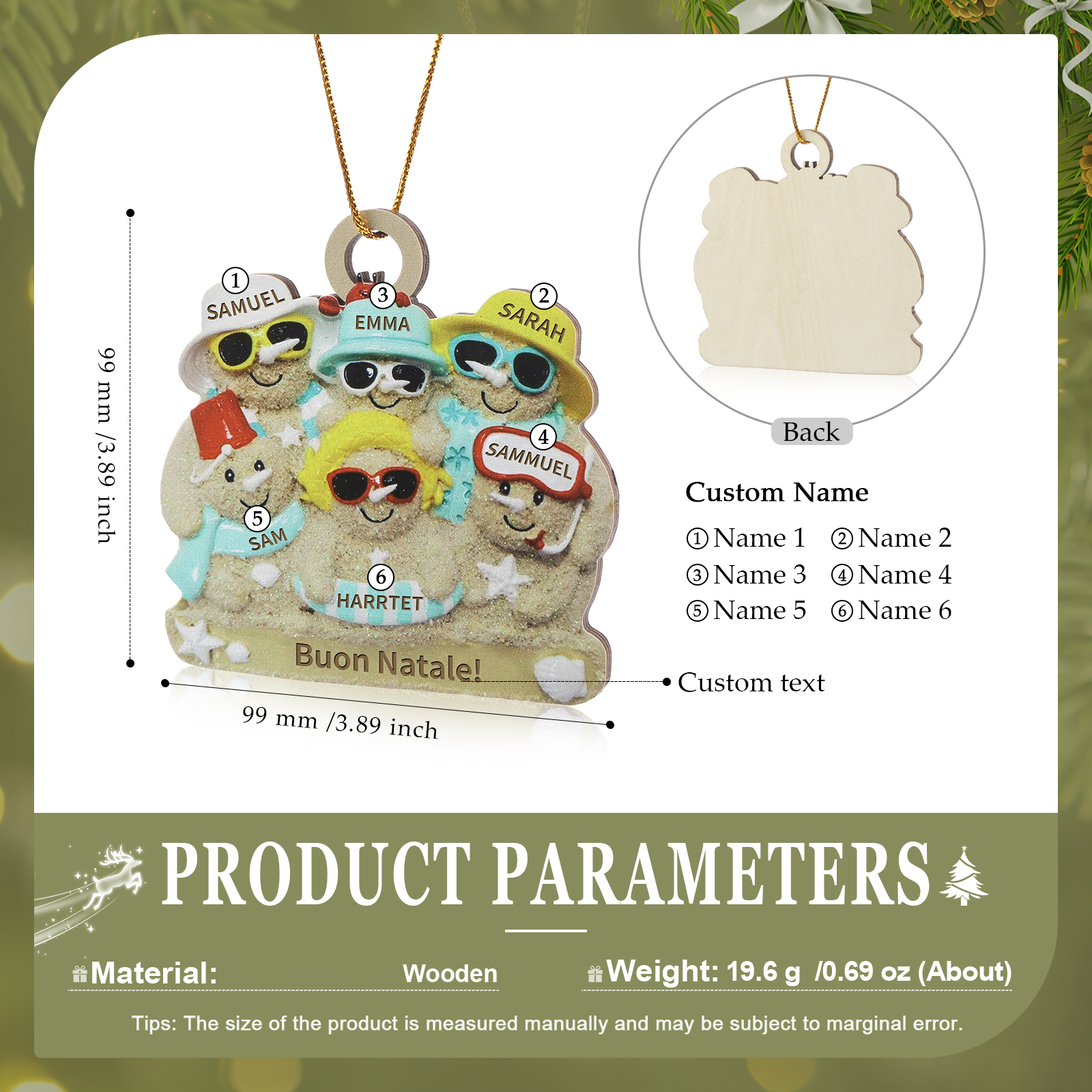 Ornamento natalizio personalizzato in legno per famiglie a tema spiaggia con 2-6 nomi personalizzati e 1 testo, regalo di Natale per la famiglia | Jessemade