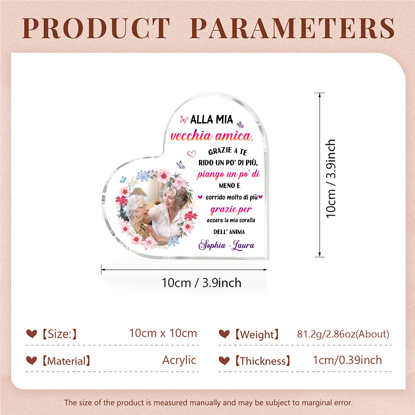 Ornamento acrilico personalizzato per vecchio amico con foto e testo personalizzati, regalo per il migliore amico, ornamento da scrivania a forma di cuore in acrilico | Jessemade