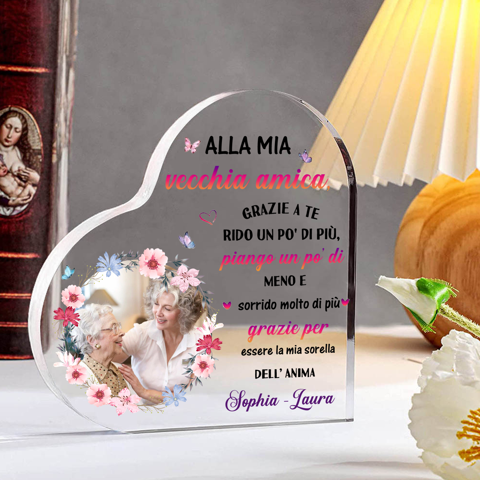 Ornamento acrilico personalizzato per vecchio amico con foto e testo personalizzati, regalo per il migliore amico, ornamento da scrivania a forma di cuore in acrilico | Jessemade