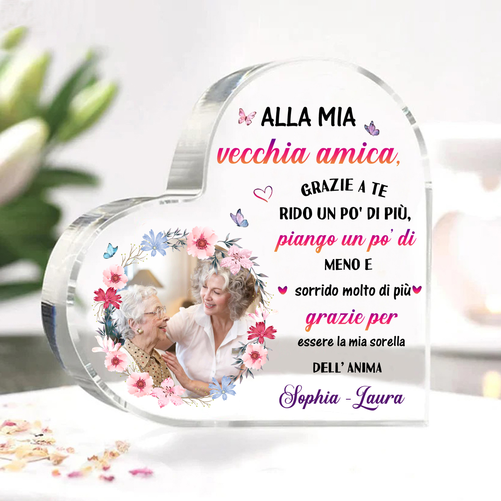 Ornamento acrilico personalizzato per vecchio amico con foto e testo personalizzati, regalo per il migliore amico, ornamento da scrivania a forma di cuore in acrilico | Jessemade