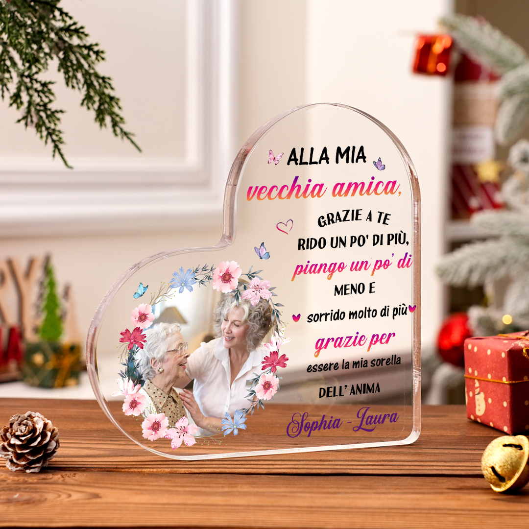 Ornamento acrilico personalizzato per vecchio amico con foto e testo personalizzati, regalo per il migliore amico, ornamento da scrivania a forma di cuore in acrilico | Jessemade