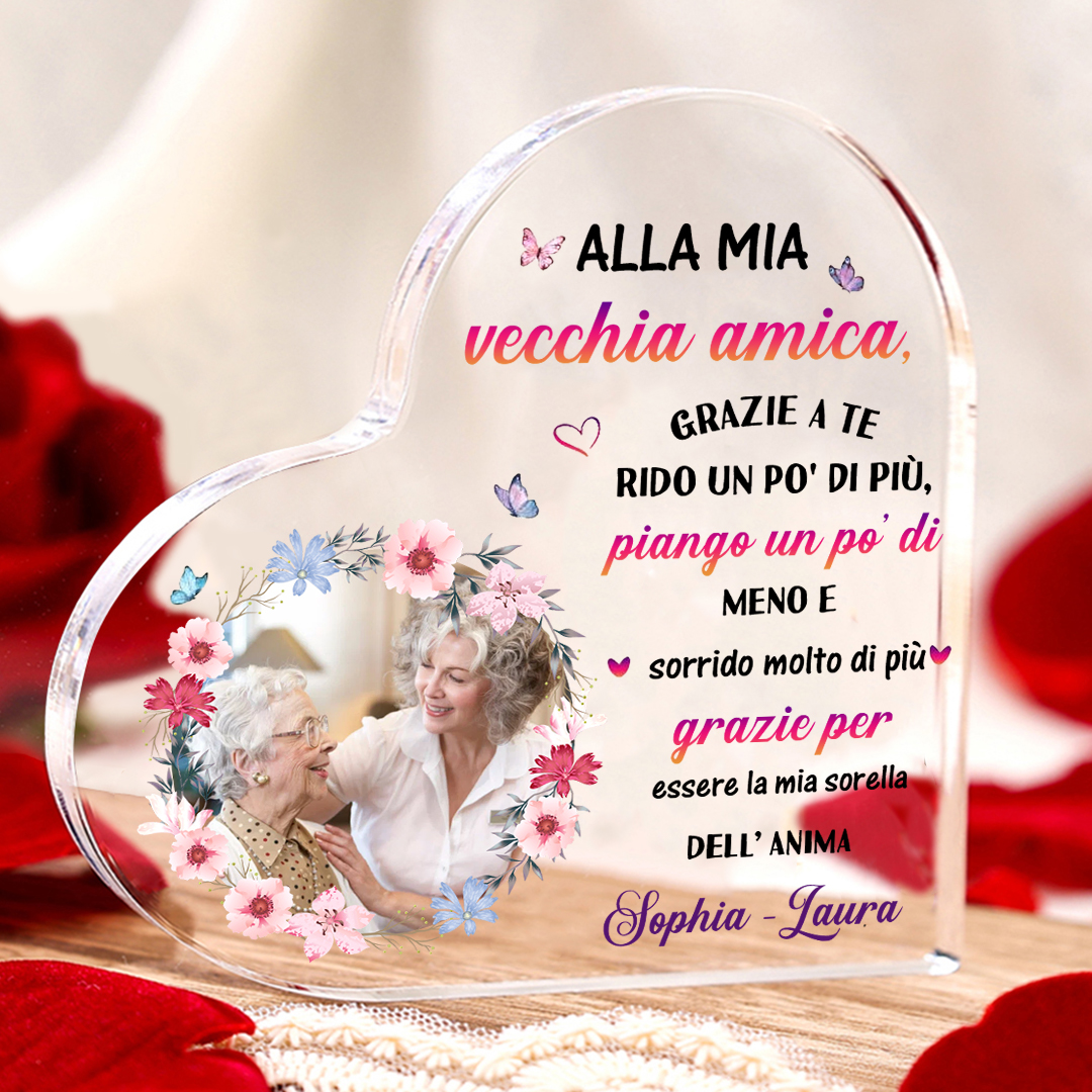 Ornamento acrilico personalizzato per vecchio amico con foto e testo p