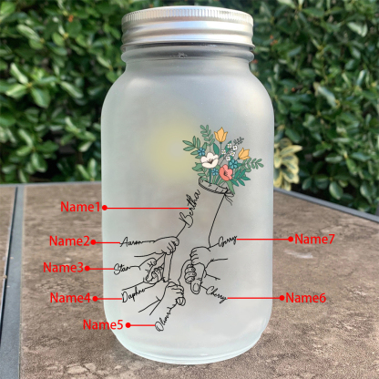 Personalized Luminous Mason Jar with Hand-Holding & Floral – Custom 2-7 Names LED Light Family Gift | Jessemade