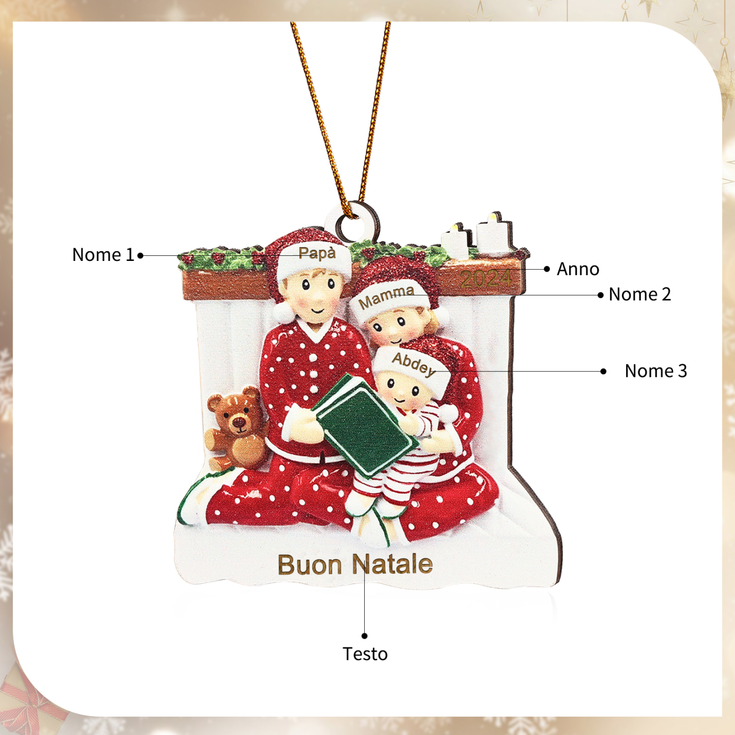 "Fare lettura"Pendente di Natale Personalizzato in legno per Famiglia 3-6 Nomi e 1 Testo personalizzati Decorazione Speciale | Jessmade