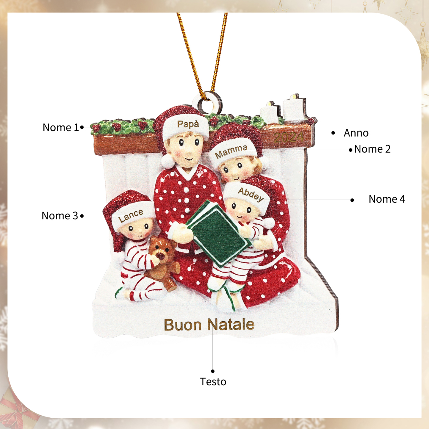 "Fare lettura"Pendente di Natale Personalizzato in legno per Famiglia 3-6 Nomi e 1 Testo personalizzati Decorazione Speciale | Jessmade