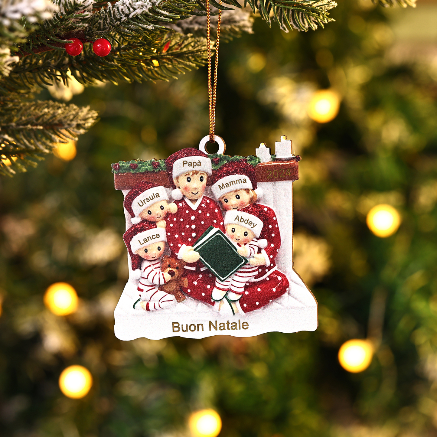 FarPendente di Natale Personalizzato in legno per Famiglia 5 Nomi e 1 