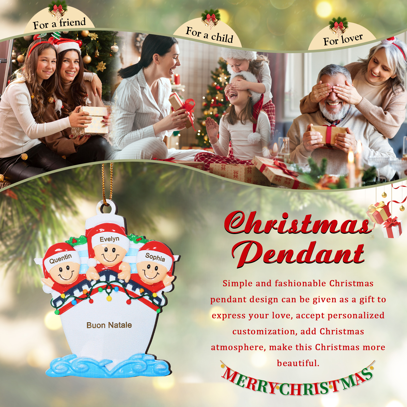 "Sulla nave"Ornamento natalizio in legno con 3-5 nomi personalizzati e 1 testo Regalo di Natale per la famiglia | Jessemade