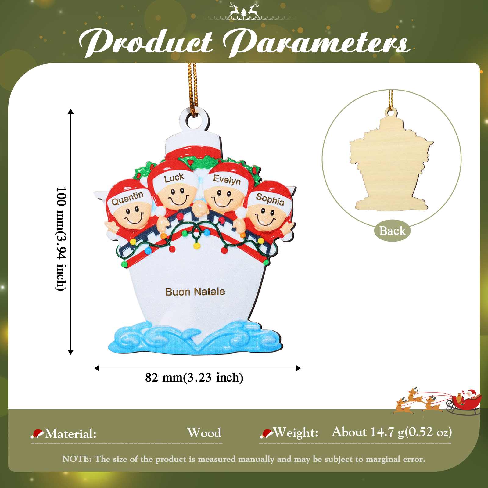"Sulla nave"Ornamento natalizio in legno con 3-5 nomi personalizzati e 1 testo Regalo di Natale per la famiglia | Jessemade