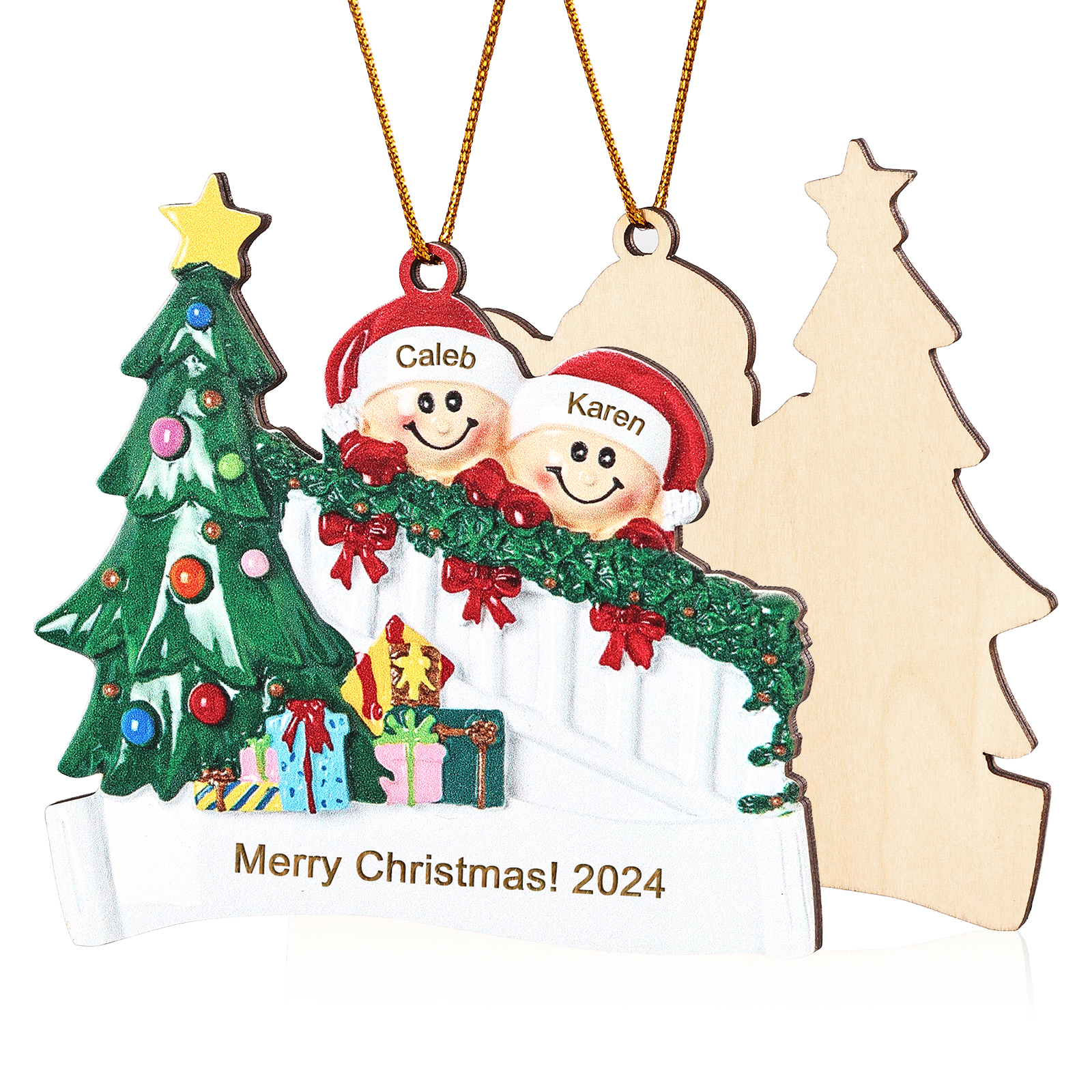 Decorazione Natalizia in Legno Personalizzata - Personalizza 2 Nomi, 1 Testo, Data - Albero di Natale e Personaggi, Regalo di Natale per la Famiglia | Jessemade