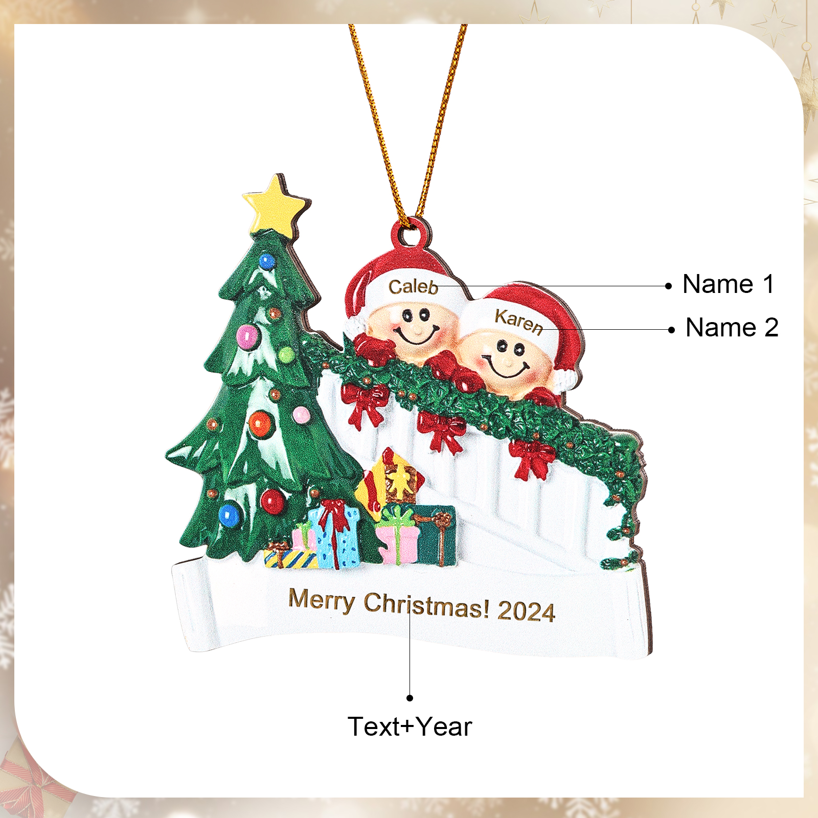 Decorazione Natalizia in Legno Personalizzata - Personalizza 2 Nomi, 1 Testo, Data - Albero di Natale e Personaggi, Regalo di Natale per la Famiglia | Jessemade