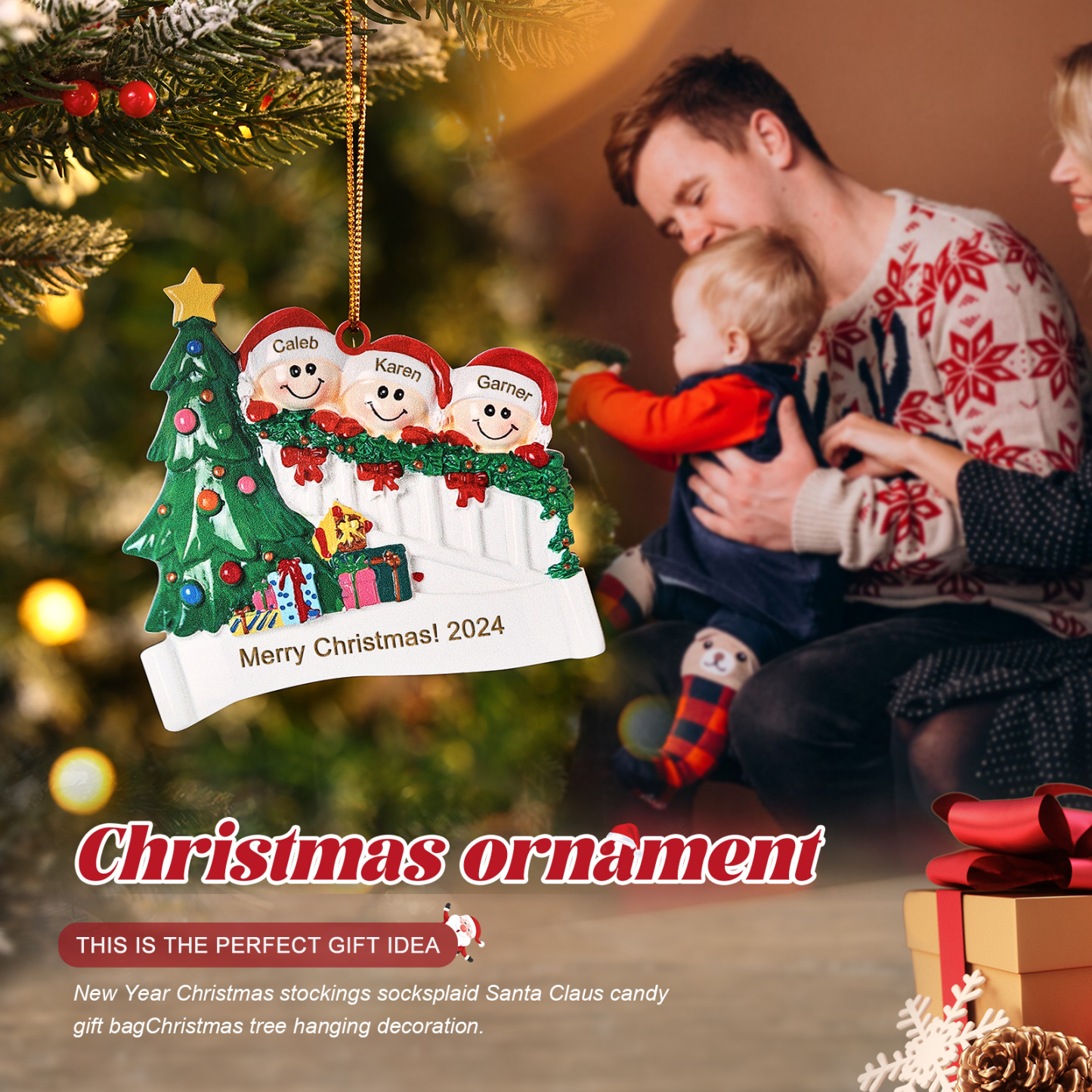 Decorazione Natalizia in Legno Personalizzata - Personalizza 3 Nomi, 1 Testo, Data - Albero di Natale e Personaggi, Regalo di Natale per la Famiglia | Jessemade