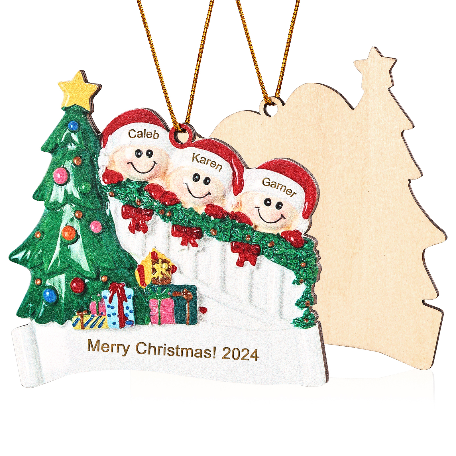 Decorazione Natalizia in Legno Personalizzata - Personalizza 3 Nomi, 1 Testo, Data - Albero di Natale e Personaggi, Regalo di Natale per la Famiglia | Jessemade