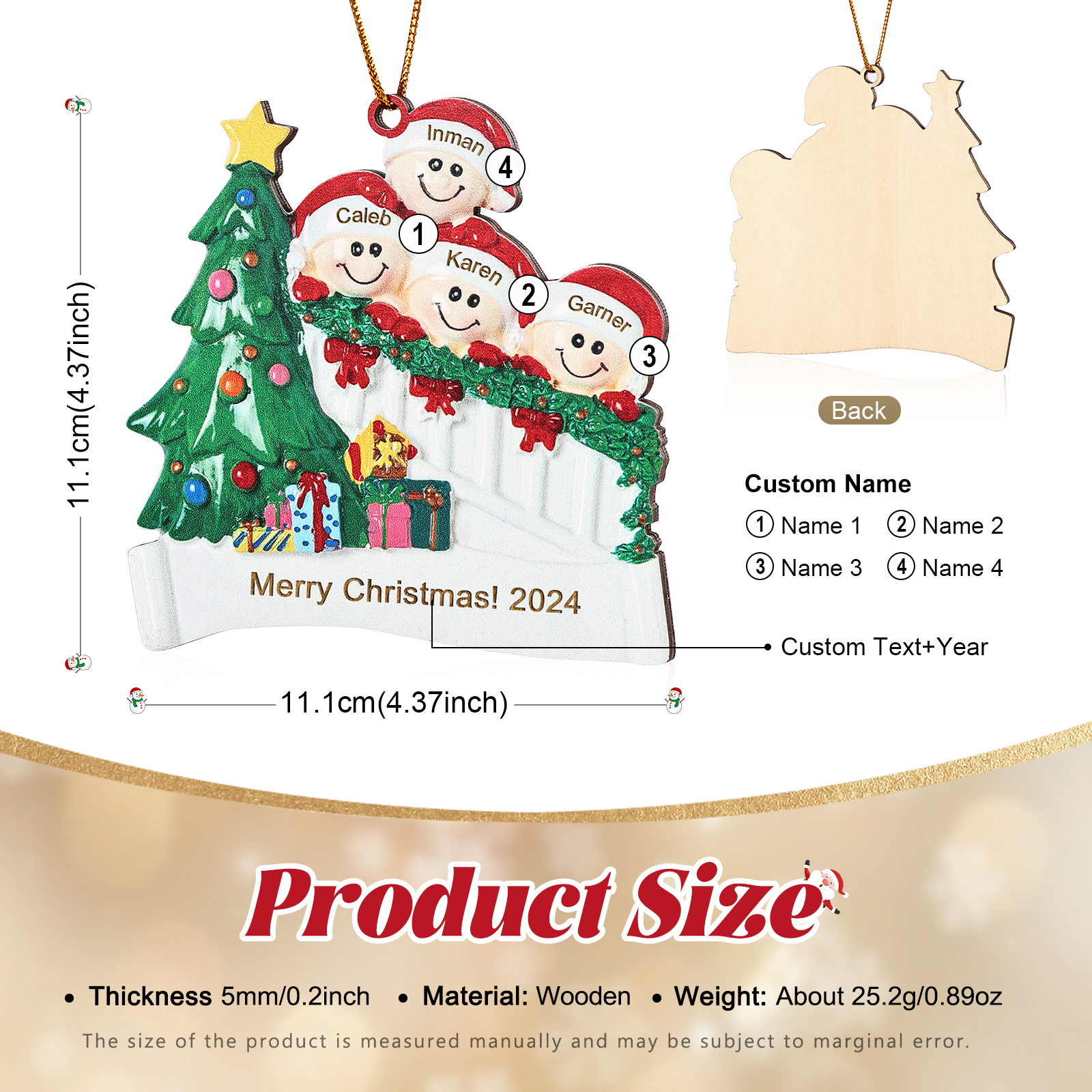 Decorazione Natalizia in Legno Personalizzata - Personalizza 4 Nomi, 1 Testo, Data - Albero di Natale e Personaggi, Regalo di Natale per la Famiglia | Jessemade