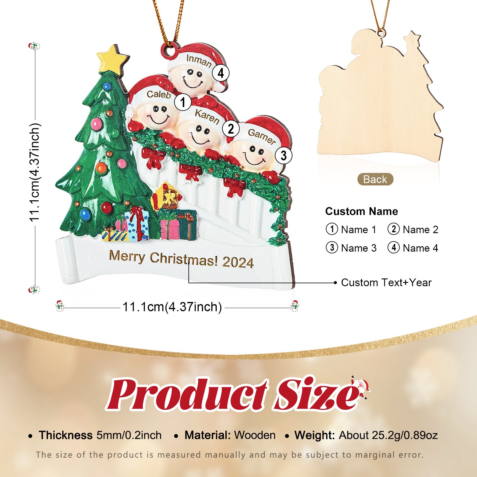 Decorazione Natalizia in Legno Personalizzata - Personalizza 4 Nomi, 1 Testo, Data - Albero di Natale e Personaggi, Regalo di Natale per la Famiglia | Jessemade