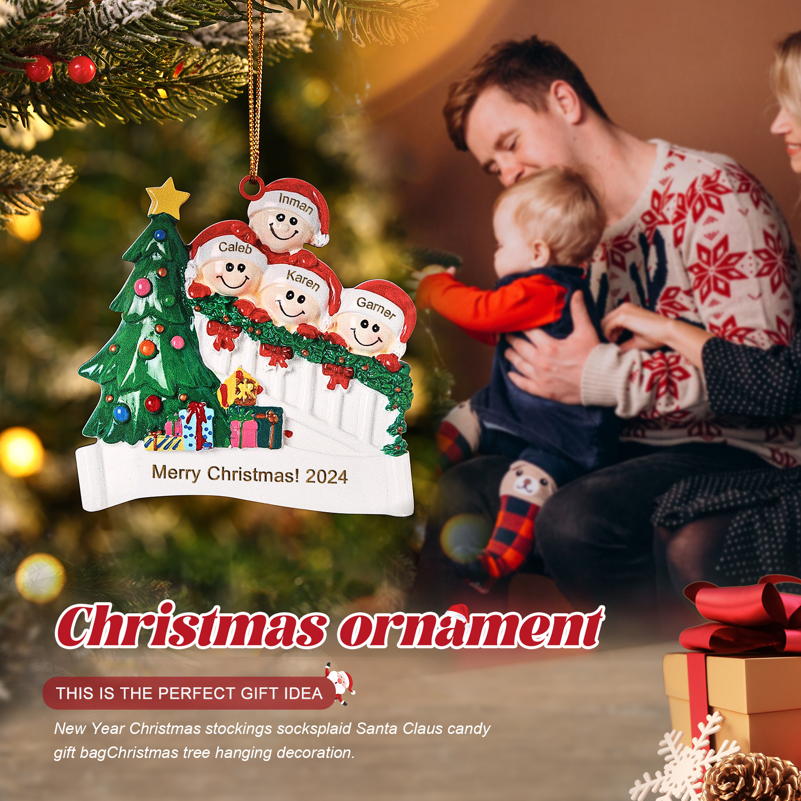 Decorazione Natalizia in Legno Personalizzata - Personalizza 4 Nomi, 1 Testo, Data - Albero di Natale e Personaggi, Regalo di Natale per la Famiglia | Jessemade