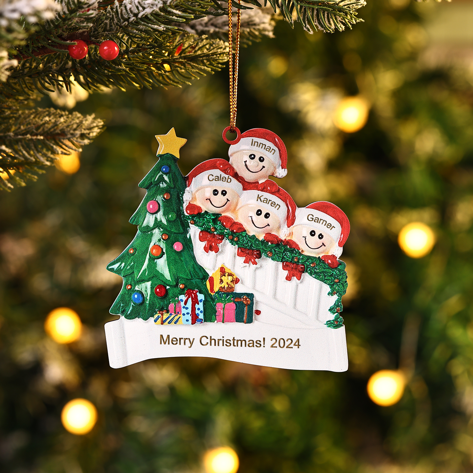 Decorazione Natalizia in Legno Personalizzata - Personalizza 4 Nomi, 1 Testo, Data - Albero di Natale e Personaggi, Regalo di Natale per la Famiglia | Jessemade