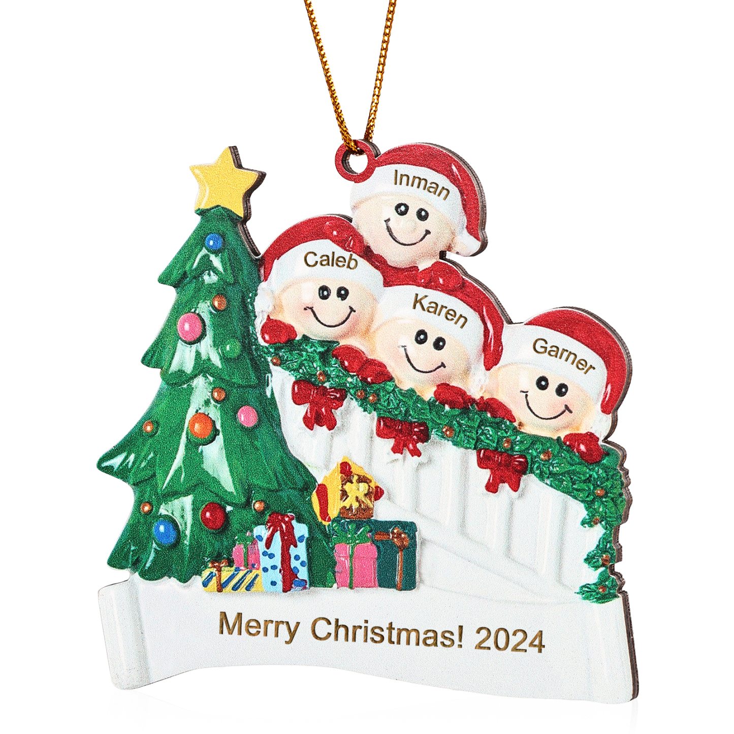 Decorazione Natalizia in Legno Personalizzata - Personalizza 4 Nomi, 1 Testo, Data - Albero di Natale e Personaggi, Regalo di Natale per la Famiglia | Jessemade